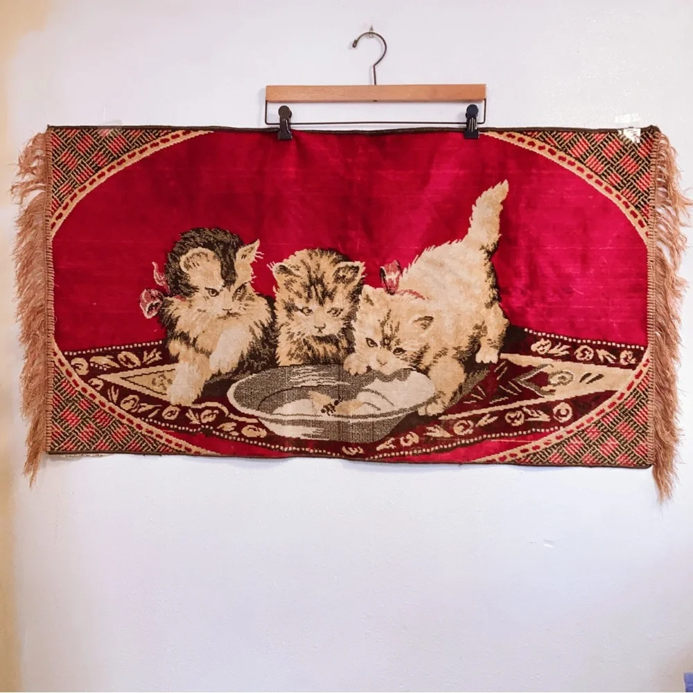 Vintage Red Velvet Bohemian Cats Kittens Belgium Tapestry Wall Hanging Rug Art